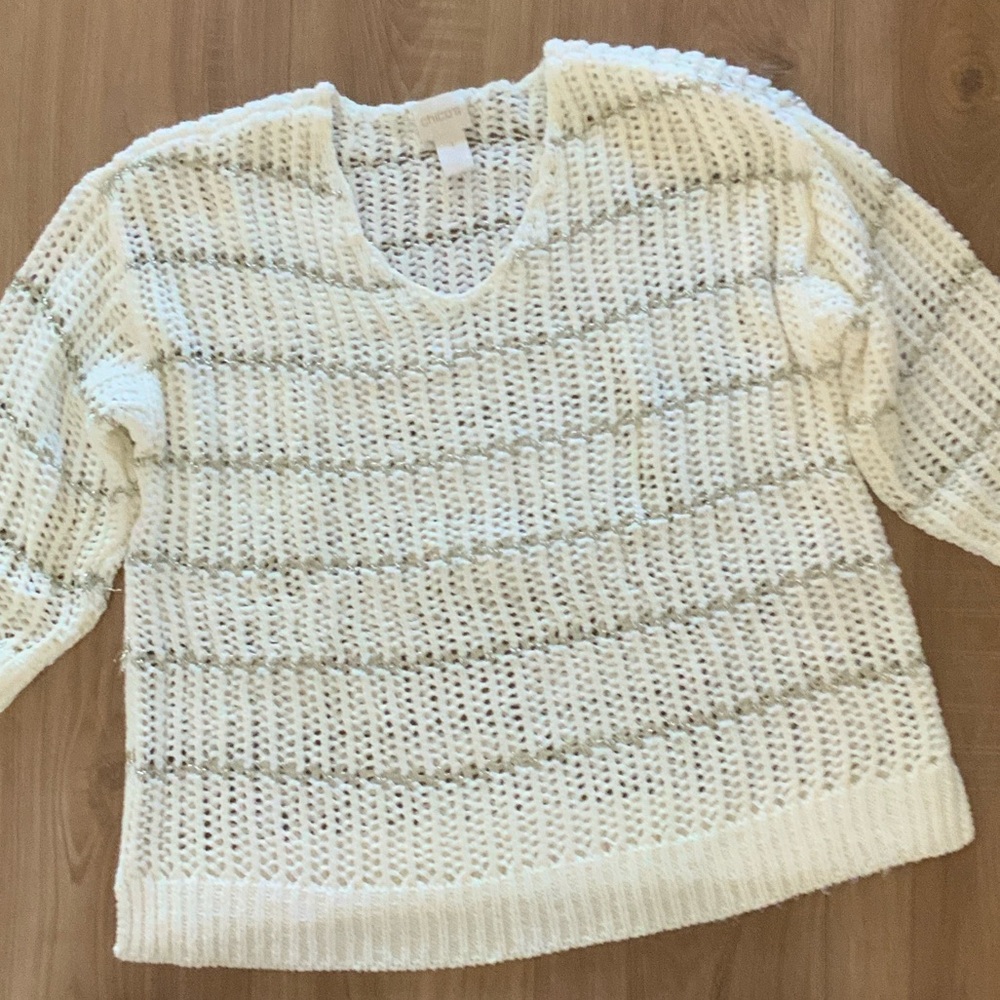Chico's Cream Open-Knit V-Neck Sweater